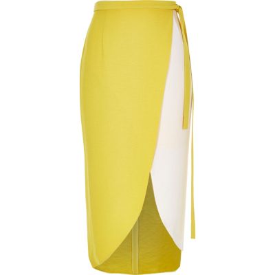 Yellow colour block wrap midi skirt